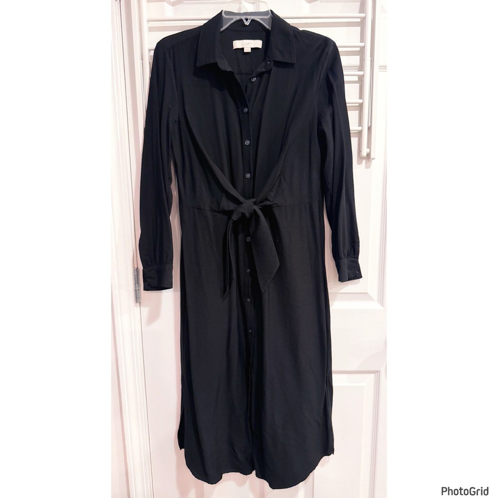 Loft Black Button Down Midi Dress with Ties Size 4 Minimalist Whimsigoth